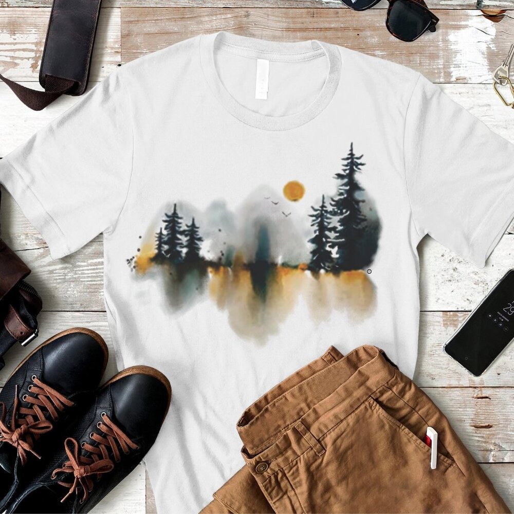 Misty Morning Nature Graphic Tee – Serene Landscape Inspired Casual Essential